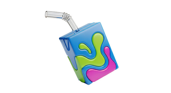 Colorful 3D juice box with straw isolated on transparent background