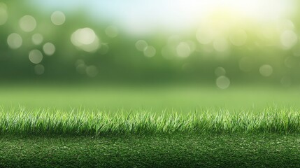 Naklejka premium Vibrant green grass foreground contrasts beautifully with a softly illuminated natural background.