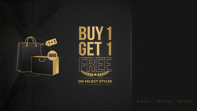 Buy one get one free BOGO sale banner for select styles with shopping bags