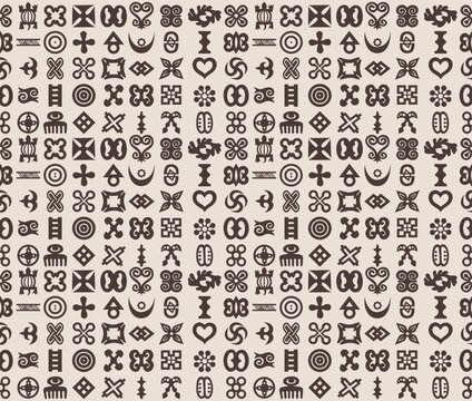 Traditional West African Adinkra symbols seamless pattern, ethnic Akan cultural motifs in chocolate and beige for tribal textile and Black History Month decor