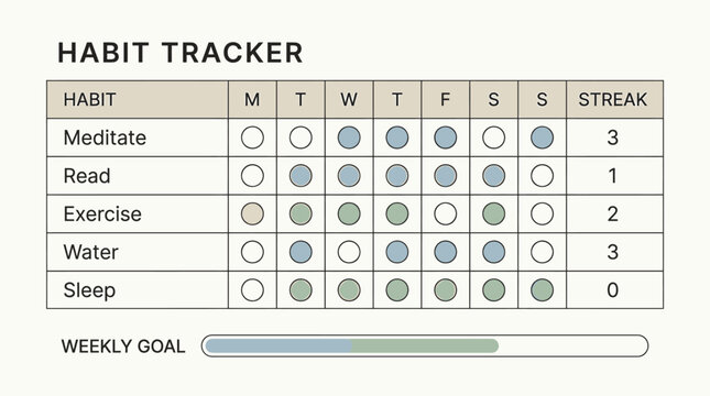 Digital weekly habit tracker template for daily routine management and personal productivity improvement with goal setting progress bar for self-development
