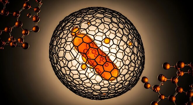 Nanotechnology drug delivery capsule encased in a spherical carbon fullerene lattice during a pharmaceutical research experiment with golden light