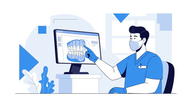Dental Professional Examining 3D Teeth Model on Digital Screen