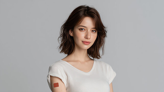 Portrait of a young woman with a bandage on her arm after vaccination, looking at the camera, studio shot against a neutral grey background