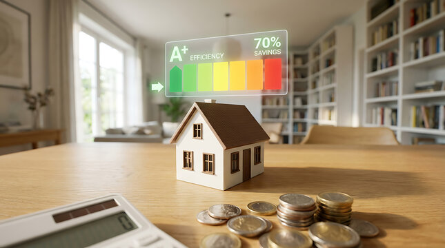 Energy efficiency rating concept with miniature house, coins, and calculator on a wooden table in a modern home interior.