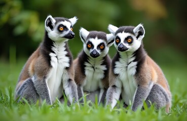 Fototapeta premium Three ring tailed lemurs sit together on green grass. These primates have black and white striped tails and striking orange eyes. They look curious and relaxed in their natural habitat.