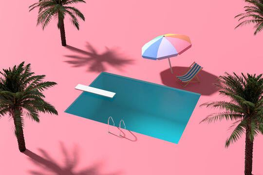 Swimming pool with diving board, beach umbrella and deck chair surrounded by palm trees on pink background