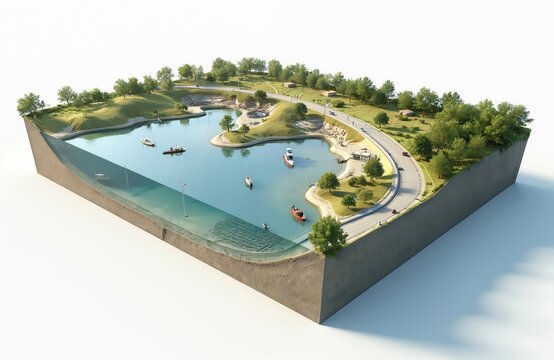 Cutaway view of detailed model showing protected waterfront area with boats on water. Green landscape with trees, roads surrounds water body. Infrastructure elements visible below water surface,