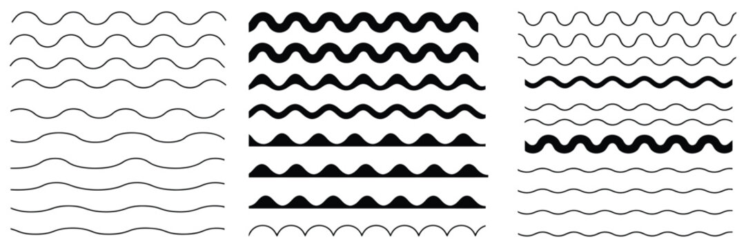 Set, of horizontal wavy line borders, vector design element, abstract decorative separators, minimal wave pattern, smooth flowing lines, flat vector illustration for graphic design, layouts, 
