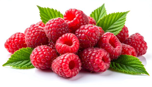 A vibrant pile of fresh, ripe raspberries with lush green leaves are artfully arranged against a clean white background, showcasing their juicy texture and bright color.