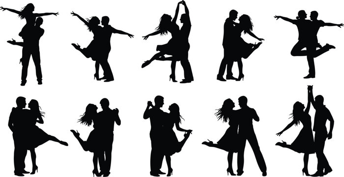 Set of ten black silhouettes of romantic couples dancing together in different elegant poses isolated on a white background for design, art, and creative projects