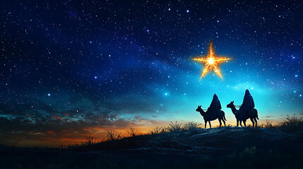 Fototapeta premium Three Wise Men Following Star on Camelback Across Desert Landscape at Night.