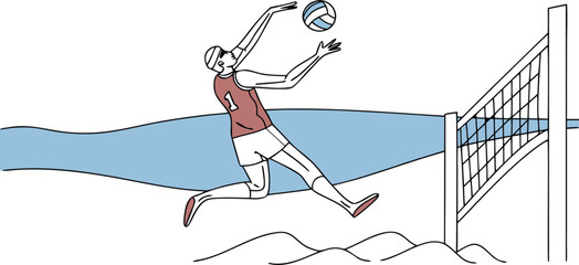 Man jumping to hit a volleyball on the beach with a net. © sm.vector