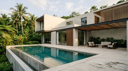 Fototapeta premium Modern house with pool and patio surrounded by tropical trees and greenery outdoors