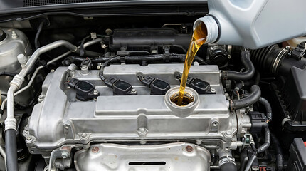 Fototapeta premium Mechanic pouring engine oil into a car engine during maintenance or repair.