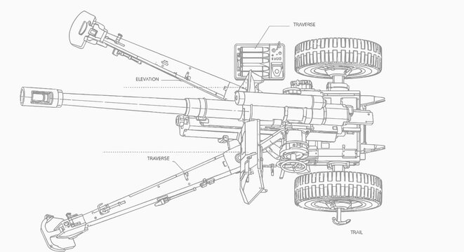 Line art blueprint of a howitzer artillery gun with traverse elevation and trail detailed technical drawing in grey outline for engineering