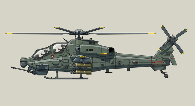 Military attack helicopter pixel art illustration; olive green armament; side view armed gunship aircraft; gaming concept; pixelated vehicle design