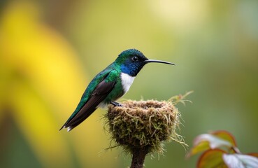 Obraz premium White-necked Jacobin hummingbird sits in moss nest. Small bird has iridescent green blue plumage, white throat. Tropical avian fauna watches closely from perch.