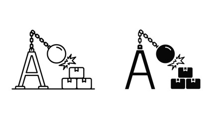 Black and white line icons of wrecking ball hitting blocks with letter a © SHAHRIYAR RASEL