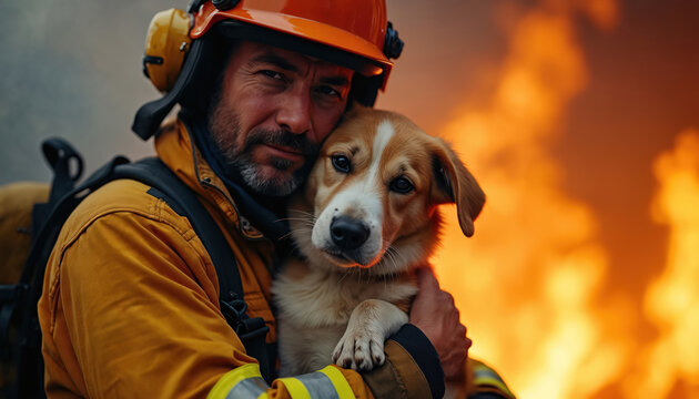 Firefighter in helmet hugs dog close. Flames burn behind them. Scene shows man protects animal, loyalty and bravery in danger. He holds pet safe from blaze.