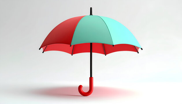 A vibrant, two-toned umbrella with red and teal panels stands elegantly against a clean white background, casting a soft shadow.