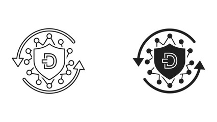 Obraz premium Black and white line icons of shield with network connections and arrows