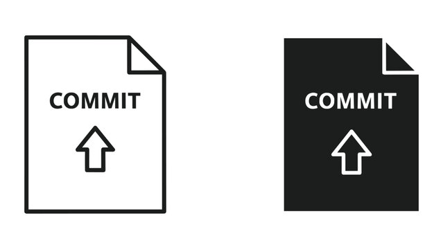 Black and white icons of file document with commit text and up arrow on white background