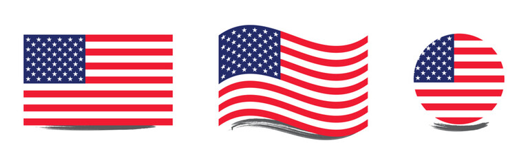 Obraz premium USA Flag Set Flat Waving and Circle Badge Design with Brush Stroke Shadow.