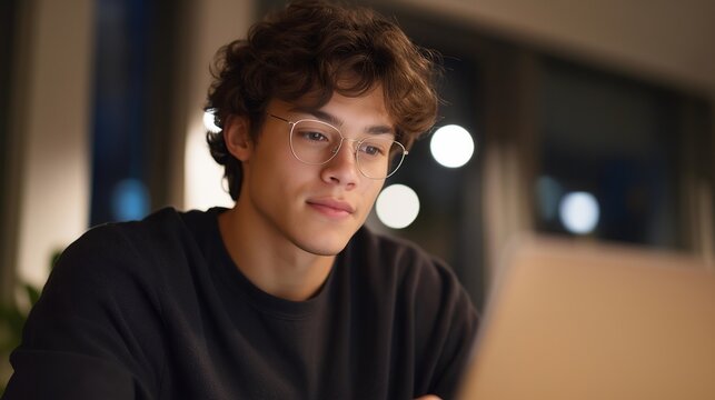 Hispanic teenager code-switching between formal English essay writing and Spanish family video call on split laptop screen, navigating dual linguistic identities, ideal for cultural adaptation and