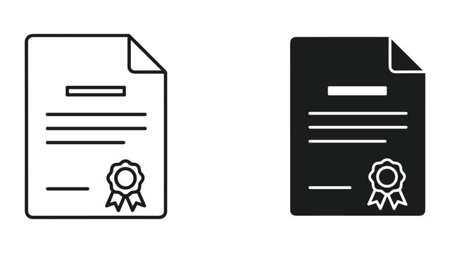 Certificate icons with rosette award on documents in black and white
