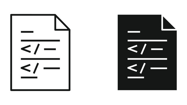 Black and white icons of documents with coding symbols on them