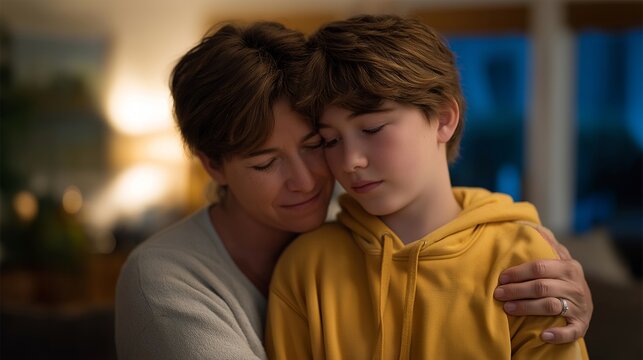 Transgender youth receiving supportive embrace from parent in cozy living room setting, genuine emotional connection and unconditional acceptance visible in body language, ideal for family support