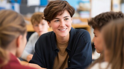 Obraz premium Nonbinary teacher leading inclusive classroom discussion with students seated in collaborative circle, warm educational environment encouraging diverse perspectives and open dialogue, perfect for