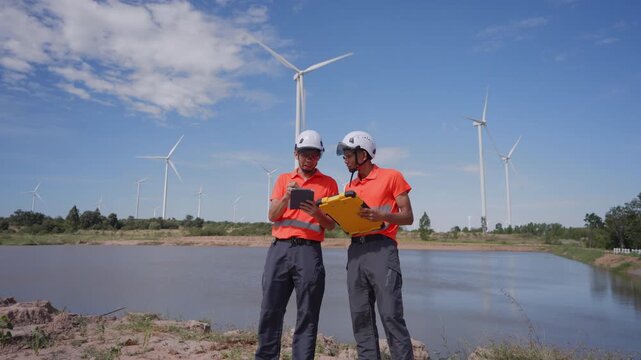 Asian engineers using a tablet to inspect wind turbines at a renewable energy site, representing clean energy operations and sustainable technology use.