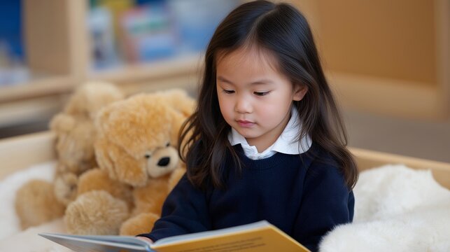 Bilingual kindergartener switching between Arabic and English while reading picture books to stuffed animals arranged as classroom, language development through imaginative play, perfect for