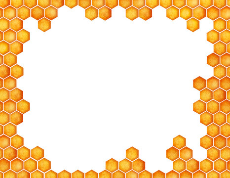 Honeycomb frame drawing. World Bee day conctpt.  Watercolor element hexagonal bee honeycombs border. Concept save the bees and ecology and ecosystem.