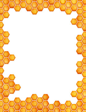 Honeycomb frame drawing. World Bee day conctpt.  Watercolor element hexagonal bee honeycombs border. Concept save the bees and ecology and ecosystem.