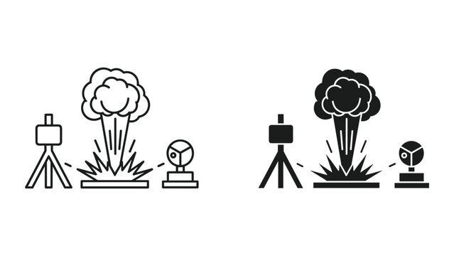 Black and white vector illustrations of camera and globe on tripods observing explosion