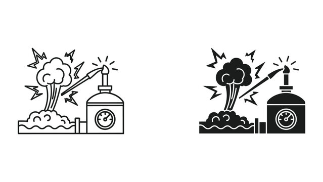 Black and white line and solid icon of a beaker exploding with lightning and a test tube on fire on a white background