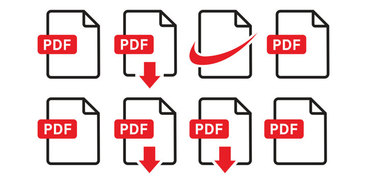 PDF file format icons set. PDF file download symbols. Format for texts, images, vector images, videos, interactive forms - stock vector.