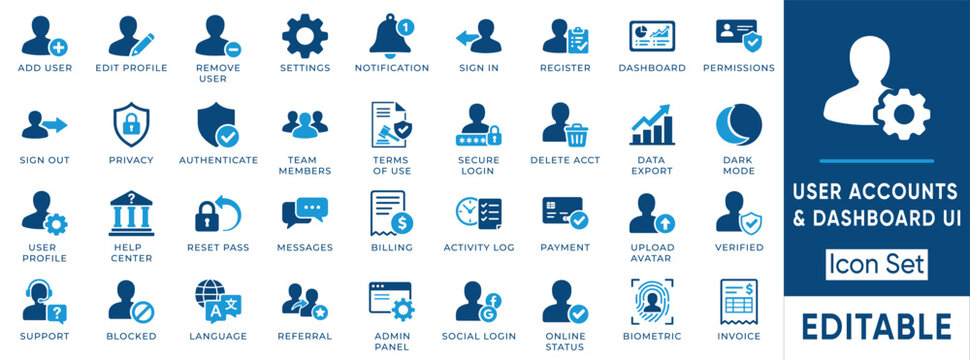User account dashboard solid icon set. Includes symbols for Biometric, Authenticate, Invoice and Admin. Vector icons for web interface and app management.