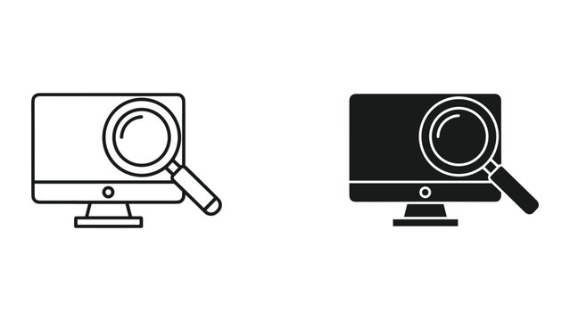 Black and white line icons of computer monitors with magnifying glasses on screen isolated on white background