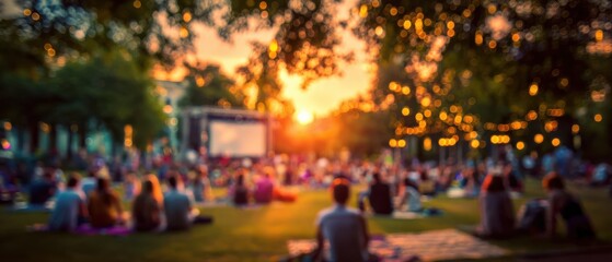 Fototapeta premium Outdoor movie night blur with projector and summer audience