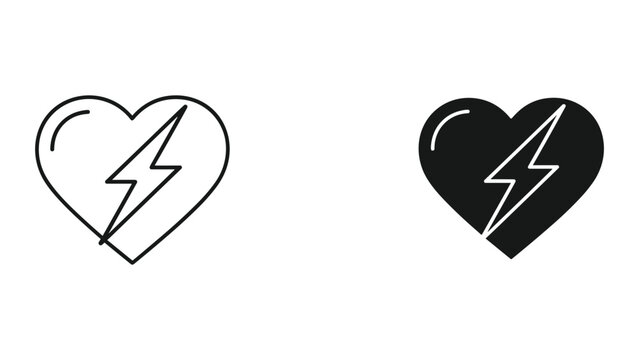 Black and white heart with lightning bolt icons in line art and solid styles