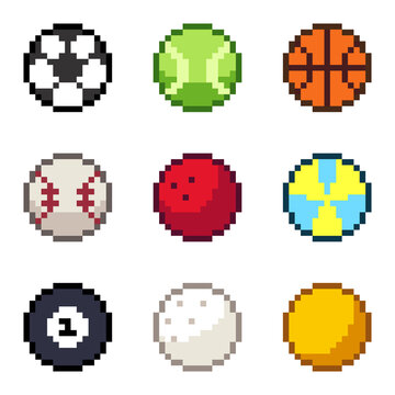 8-bit pixel art sports ball icon set