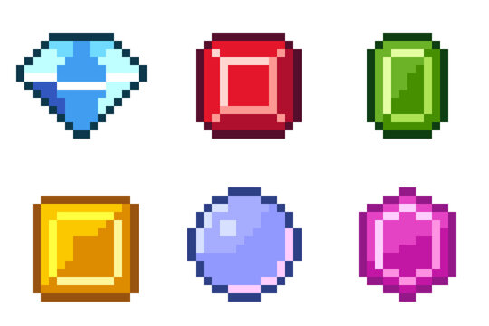 8-bit pixel art game gem icon set
