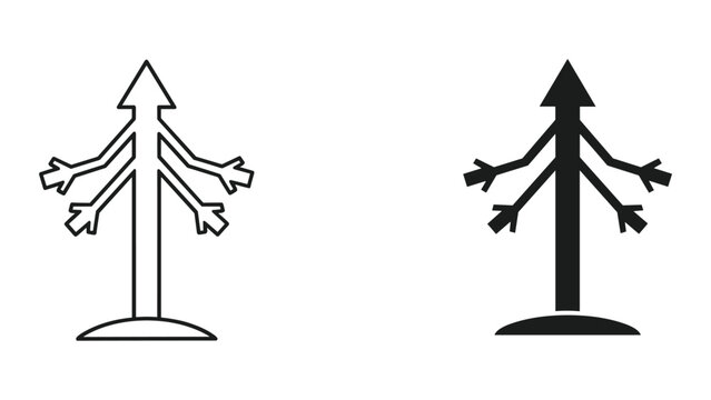 Black and white line icons of tree with arrow on white background