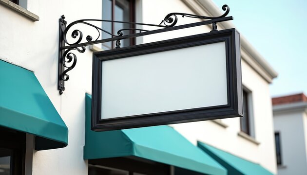 Blank rectangular sign hangs from ornate bracket above shop entrance. Building has teal awnings and windows. Clear blue sky above. Space for custom text or logo.