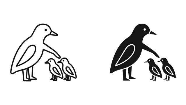 Vector illustration of a bird with two chicks in black and white