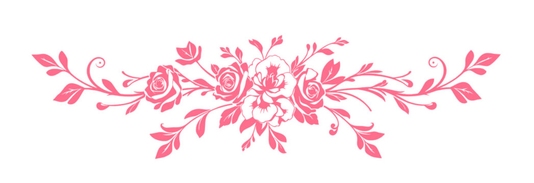 Elegant pink floral border and rose divider in vintage hand drawn woodcut style, decorative botanical ornament and flower flourish isolated on white background for wedding design
